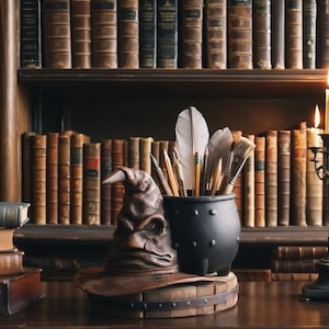 Portalápices con forma de sombrero de mago y caldero – Organizador de escritorio de fantasía – Portalápices medieval con temática mágica de pluma, regalo de decoración de oficina para amantes de la fantasía