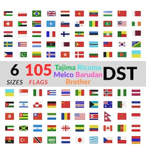 Könnte beinhalten: Ein Bild mit 105 Flaggen aus verschiedenen Ländern, angeordnet in einem Raster. Der Text "6 SIZES FLAGS" und die Namen "Tajima Ricoma Melco Barudan Brother DST" sind ebenfalls vorhanden. Die Flaggen haben unterschiedliche Formen und Farben.
