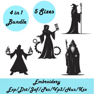 May include: Black silhouette designs of wizards and sorcerers, with the text "4 in 1 Bundle" and "5 Sizes" in a light blue circle. The word "Embroidery" is at the bottom, along with file type abbreviations.