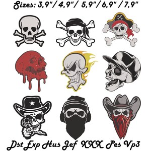 Paket med 9 broderimönster med dödskalle, gotiska Halloween-motiv, 5 storlekar, broderikonst som present, maskinbroderifil för Brother, PES DST JEF