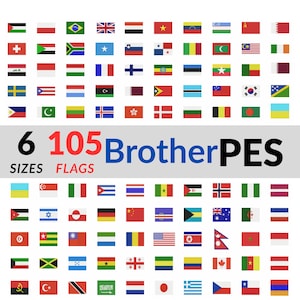 Puede incluir: Una imagen que muestra 105 banderas de diferentes países, dispuestas en una cuadrícula. Las banderas son rectangulares y presentan diversos colores y diseños. El texto en la parte inferior dice "6 Sizes Flags Brother PES".