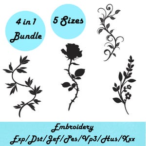 Puede incluir: Diseños de bordado negros de elementos florales, incluyendo una rosa, vides y ramitas. La imagen incluye el texto "4 en 1 Bundle" y "5 Tamaños". La palabra "Bordado" también está presente, junto con abreviaturas de tipos de archivo.