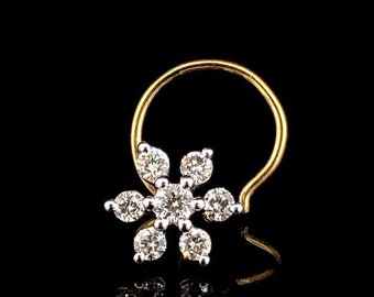 Blommig stil vit rund slipad labbodlad diamant näsa pin jubileumspresent massivt guld diamant näsa pin kroppspiercing smycken för kvinnor