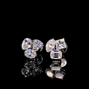 White Multi Stone Cut Moissanite Three Stone Stud Earrings | Engagement Gift Stud Earrings | Anniversary Gift Earrings | Bridal Wear Jewelry