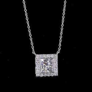 White Princess Cut Lab Grown Diamond Halo Pendant With Chain | Wedding Gift Pendant | Birthday Gift Pendant For Women | Fashion Jewelry