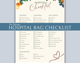 Hospital Bag Checklist | Pregnancy Hospital Bag List | Printable Baby Prep Checklist | Seasonal Floral Planner | Editable Canva Template