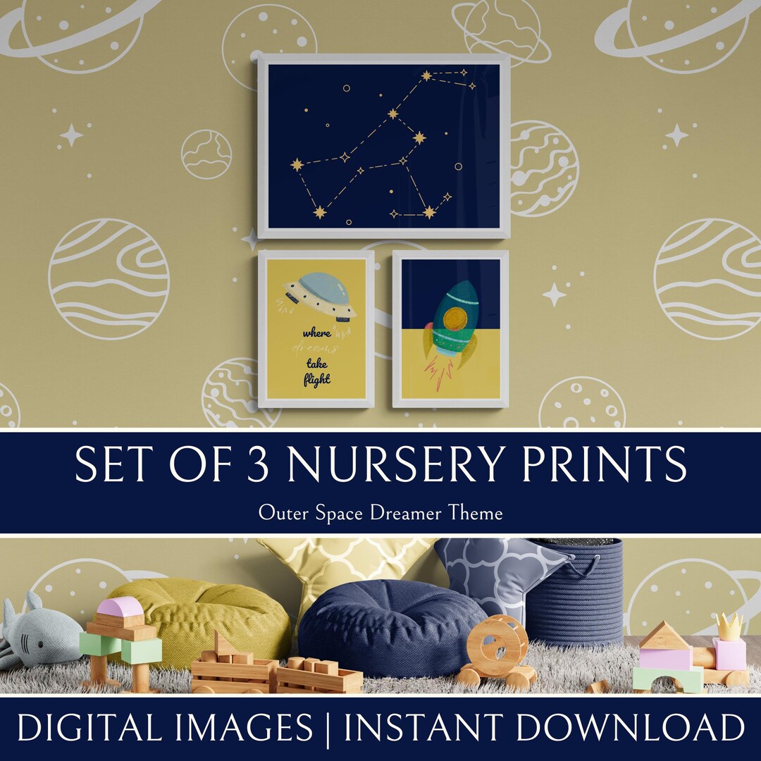 Space Nursery Wall Art Set of 3 | Yellow Navy Nursery Prints | Rocket ...