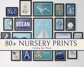Muurkunst oceaankwekerij | Zeedieren kinderkamerafdrukken | Onder de zeegalerijmuur | Kinderkamerdecoratie kust