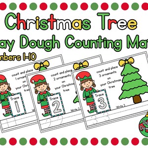 May include: Christmas Tree Play Dough Counting Mats for numbers 1-10. The image shows three play dough counting mats with an elf, Christmas tree, and numbers 1, 2, and 3. The mats are white with a green and red border.