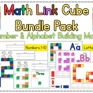 May include: A bundle pack of educational mats for learning numbers and the alphabet. The title "Math Link Cube Bundle Pack" is displayed in colorful text. The mats feature numbers 1-10 and letters A-Z, with building block illustrations and the words "Build" and "Trace".