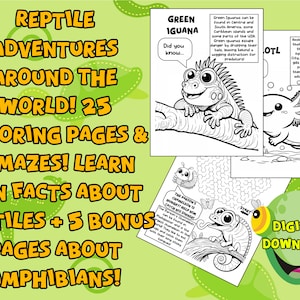 Reptielenavonturen | 30 kleurplaten van hoge kwaliteit | Digitale download | Leer meer over en kleur uw favoriete reptielen, amfibieën en doolhoven!