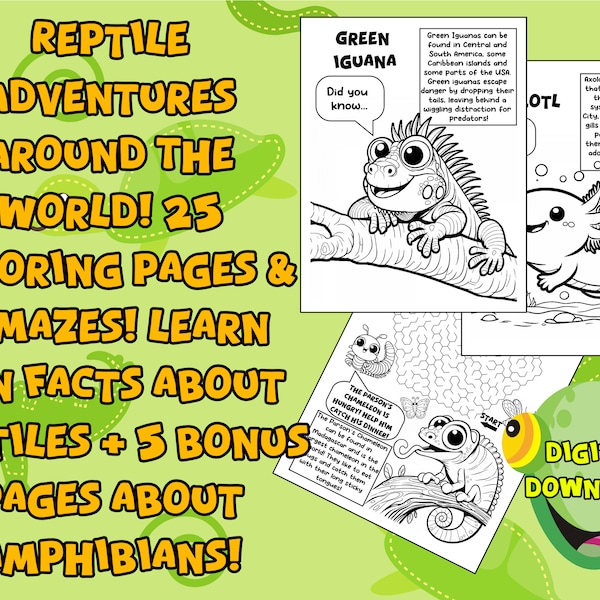 Reptile Adventures | 30 High Quality Coloring Pages | Digital Download | Learn About And Color Your Favorite Reptiles, Amphibians & Mazes!