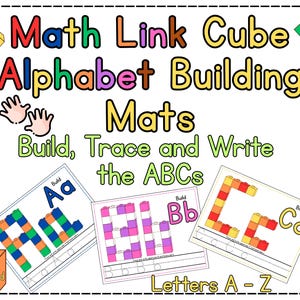 Op de afbeelding: Kleurrijke educatieve matten om het alfabet te leren. De matten tonen blokletters, met instructies om de ABC's te bouwen, te traceren en te schrijven. De afbeelding bevat de tekst "Math Link Cube Alphabet Building Mats" en "Letters A-Z".