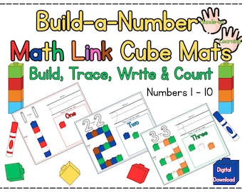 Tapetes de construcción de números con cubos de Math Link: Práctica de conteo y escritura (Descarga digital)