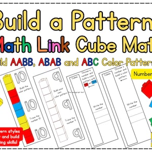 Può includere: Gioco di matematica educativo con il testo "Build a Pattern Math Link Cube Mats". Include schede di modelli di colore per i modelli AABB, ABAB e ABC, con i numeri da 1 a 10. Presenta cubi colorati e le parole "Download digitale".