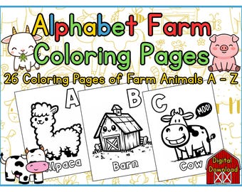 Páginas para colorear del alfabeto de la granja / 26 hojas A-Z / Imprimibles