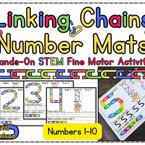 May include: Educational printable with "Linking Chains Number Mats" for hands-on STEM fine motor activities. Includes number mats with chain links, tracing, and counting exercises for numbers 1-10. A digital download for early learning.