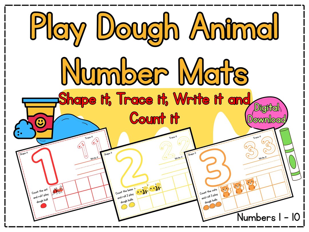 Animal Play Dough Number Mats: Counting Numbers 1-10, Tracing, Fine ...