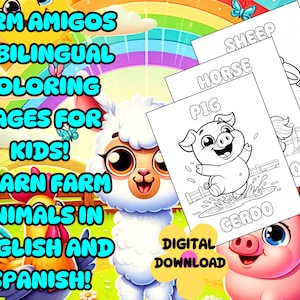 Farm Animals Coloring Pages: 25 Bilingual Illustrations (Digital Download)