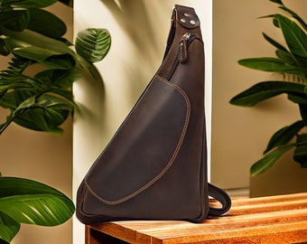 Personalized Men's Leather Chest bag, Custom Men's Shoulder bag, Leather sling bag for men, Dumpling Bag Mobile Phone Bag for Christmas Gift