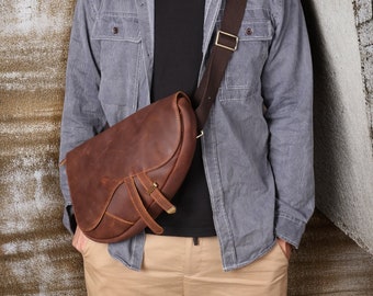 Personalized Men's Leather Chest bag, Custom messenger bag, Men's Shoulder bag, Leather sling bag for men, saddle bag for outdooring sports