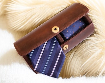 Personalized Leather Tie Case, Handmade Necktie Box, Travel Tie Storage Case for Men, Christmas Birthday for Him, Custom Gift Retro Tie Box