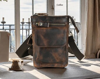 Personalisierte Leder Herren Gürteltasche, Handy Tasche, Messenger Tasche, Schultertasche für Männer, Retro Sling Bag, kleine Reise Bauchtasche