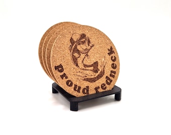 Cork coasters 4 pcs Proud Redneck engraved fishing fisherman bass cool funny meme amusing trendy present gift birthday christmas
