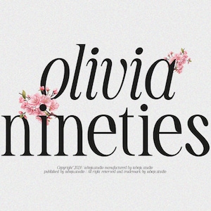 May include: A graphic design with the text "olivia nineties" in black cursive font. The text is surrounded by pink cherry blossoms.