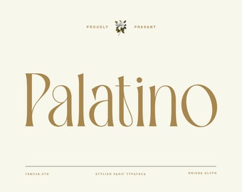 May include: A gold font design with the word "Palatino" in a stylish serif typeface. The text is set against a light beige background with the words "Proudly Present" and a small white flower image above the word "Palatino".