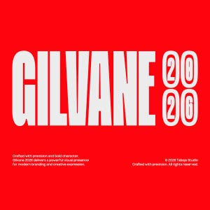 Op de afbeelding: Een opvallend rood grafisch ontwerp met het witte woord "GILVANE" en de cijfers "20" en "26". Het ontwerp bevat de tekst "Crafted with precision and bold character" en "Gilvane 2026 delivers a powerful visual presence for modern branding and creative expression."