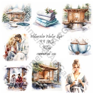 Aquarel gezellige Winter Spa clipart bundel, romantische winter katoen kern clip art PNG, zelfzorg, ontspanning, retraite me tijd commercieel gebruik
