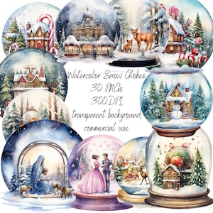Paquete de imágenes prediseñadas de globo de nieve de Navidad de acuarela PNG Paquete de imágenes prediseñadas de Navidad Arte de fantasía Colección de bolas de Navidad Álbum Mapa de diario basura