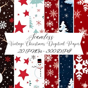 Könnte beinhalten: Ein Set mit 20 digitalen Papierdesigns mit verschiedenen Weihnachtsmotiven, darunter Schneeflocken, Sterne, Bäume und Schneemänner. Die Papiere sind nahtlos und perfekt für Bastelprojekte, Scrapbooking und mehr.