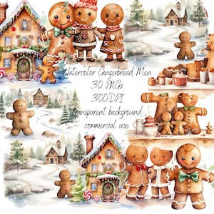 Watercolor Gingerbread Man Png, Gingerbread Clipart, Winter Clipart, Sweet Christmas Png, Transparent Background, 32 Png Premium Bundle