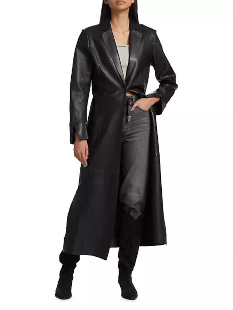 Women Black Genuine Leather Trench Coat Women Black Real Leather Long