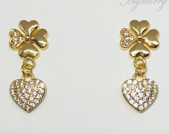 Hearts 4 Leaf Clover Stud, Heart Dangle, CZ Diamanté, Dangling Earrings. 18K Gold Plated, S925 Posts. Love, Luck. Gift For Her, Gift Ready