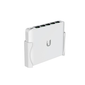 May include: White network switch with five ports and a wall mount bracket. The switch has a small "U" logo on the front.