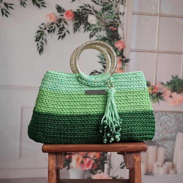 Triple Green Harmony: Handknitted Polyester Macrame Thread Tote Handbag with Elegant Golden Metal Handle