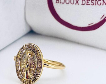 Anillo de Medalla Milagrosa en Plata Chapada en Oro • Anillo de la Santísima Virgen María • Joyería Religiosa Cristiana • Regalo para Ella