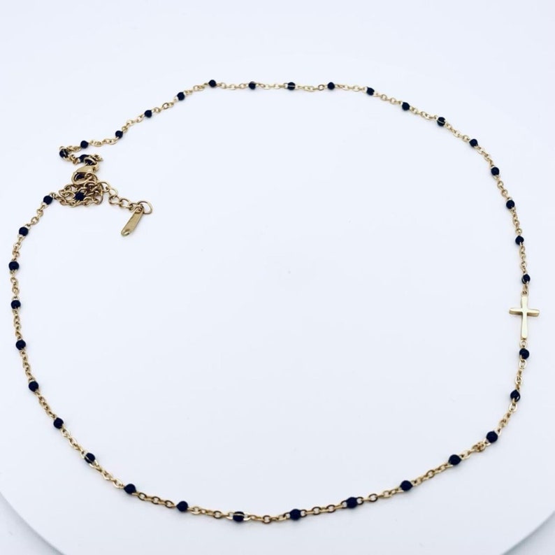 Collier Croix Rosaire en Acier Inoxydable et Perles de Couleurs pour Femme noir