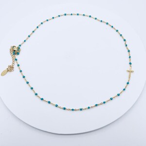 Collier Croix Rosaire en Acier Inoxydable et Perles de Couleurs pour Femme turquoise