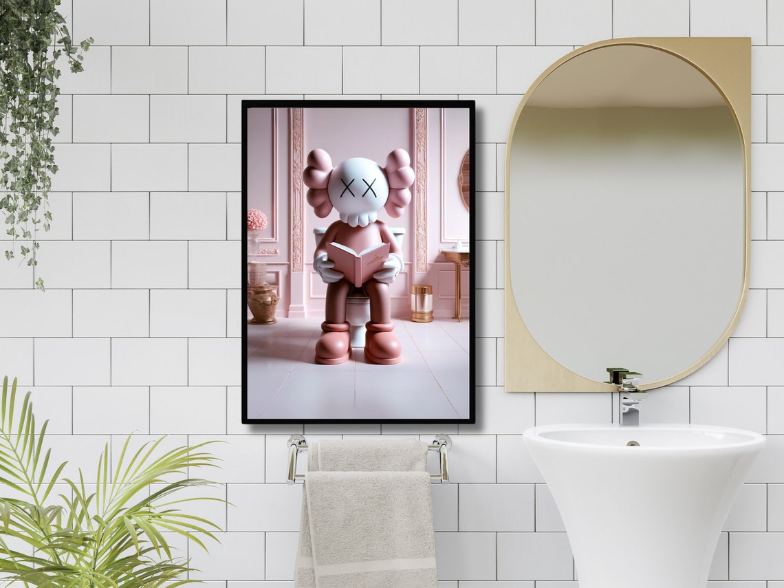 Pink Kaws Sitting on Toilet Reading Book Poster, Hypebeast Pink Toy ...