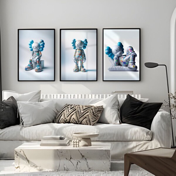 Kaws poster Set of 3, Graffiti Hypebeast figure, Modern room decor, Blue Hypebeast toy digital art, Minimalist kaws printable wall art