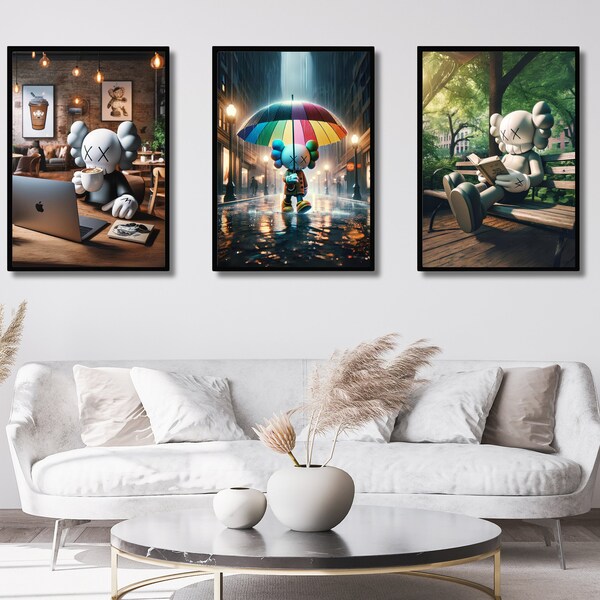 Kaws Poster Set of 3, Kaws in Cafe Poster, Kaws Reading Book in Park, Kaws Walking in Raining Print, Hypebeast Figure Toy, Digital Download