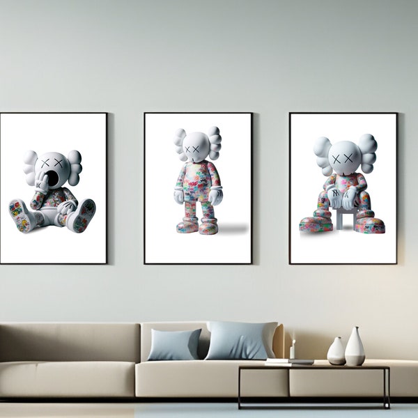 Cartel de Hypebeast Kaws, estatuilla colorida de Graffiti Kaws, conjunto de 3 juguetes Kaws imprimibles, decoración minimalista de la pared de Kaws, descarga digital de Hypebeast