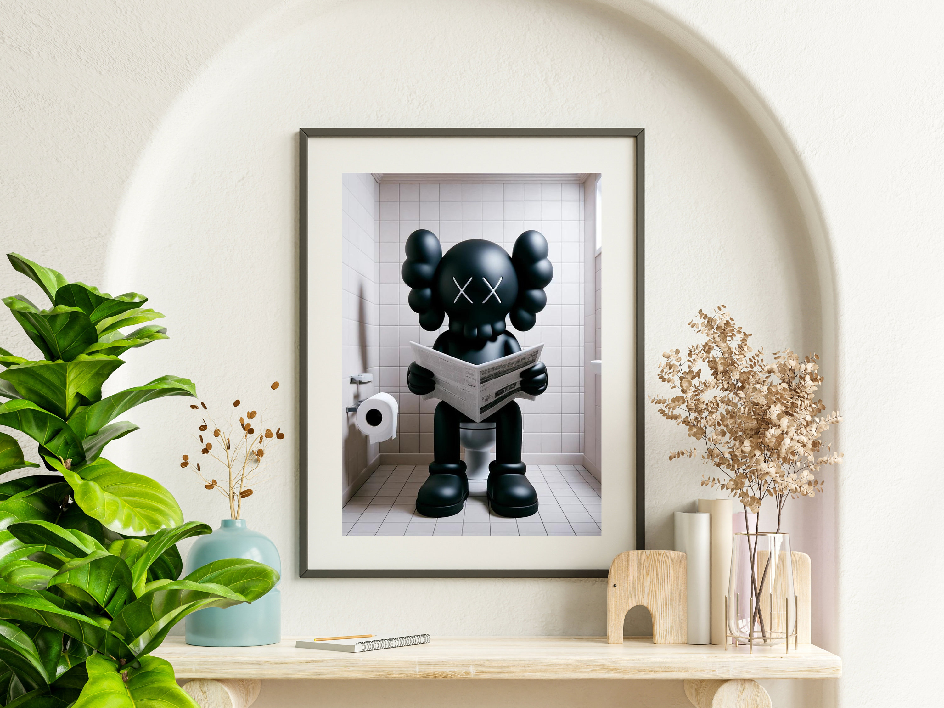 Kaws Sitting on Toilet Reading Newspaper Poster, Hypebeast Kaws Sitting on Toilet Reading Newspaper Poster, Hypebeast