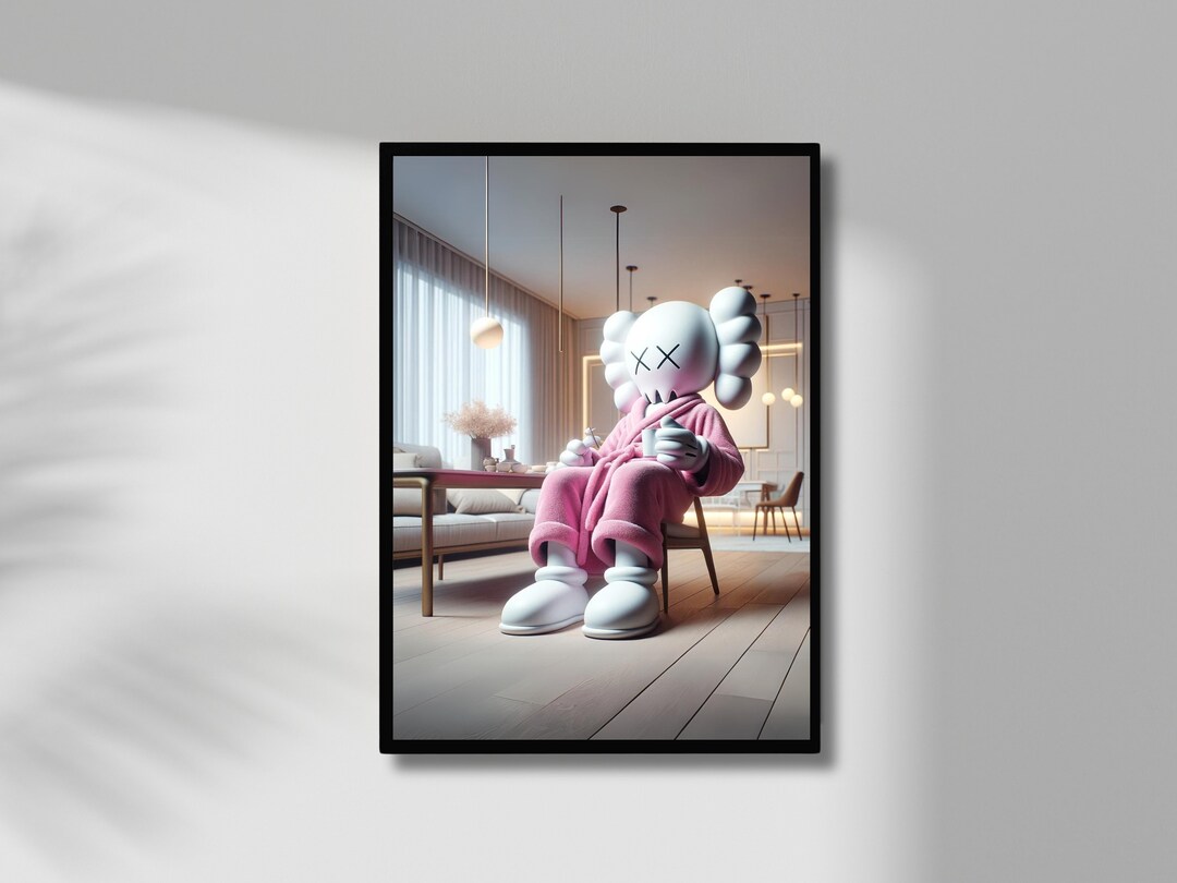 Pink Kaws Having Coffee in Bathrobe Poster, Kaws Room Decor, Hypebeast