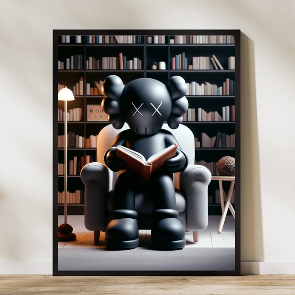 Kaws Reading Book in Library Poster, Hypebeast Print Poster, Kaws Bedroom Art, Minimalist Kaws Figure Art, Graffiti Kaws, Digital Download