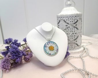 Real Pressed Flower: Big Blue Pendant with Real Daisy,  Timeless Jewelry for Woman